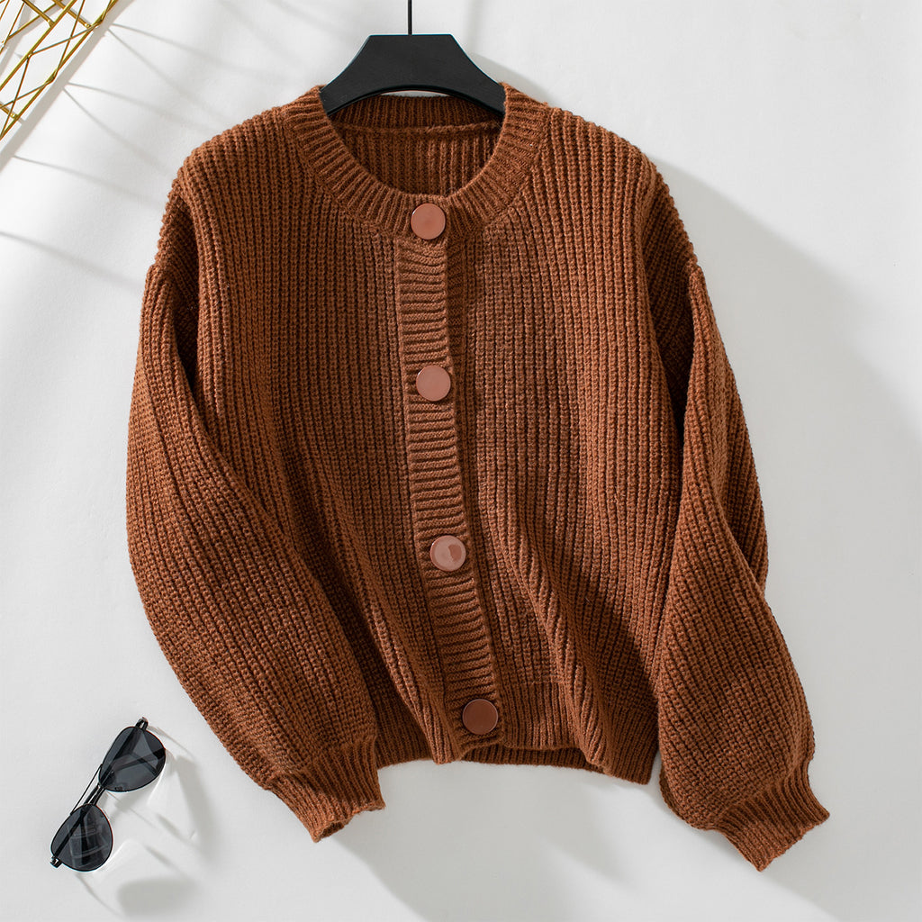 Ribbed Crewneck Button Front Cardigan - Caramel