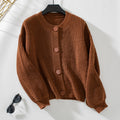 Ribbed Crewneck Button Front Cardigan - Caramel