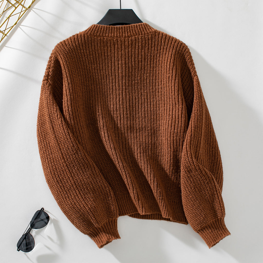 Ribbed Crewneck Button Front Cardigan - Caramel - 1