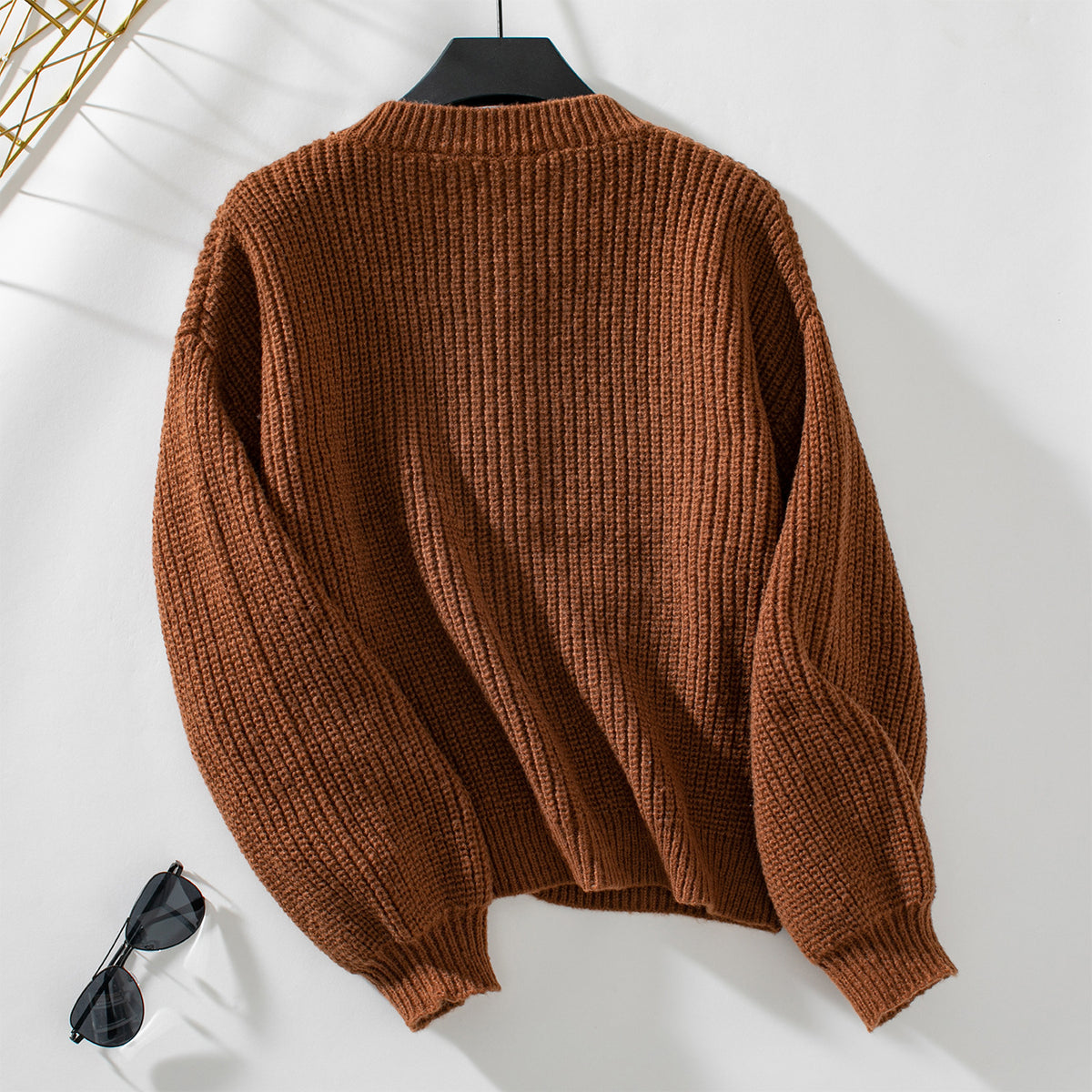 Ribbed Crewneck Button Front Cardigan - Caramel - 1