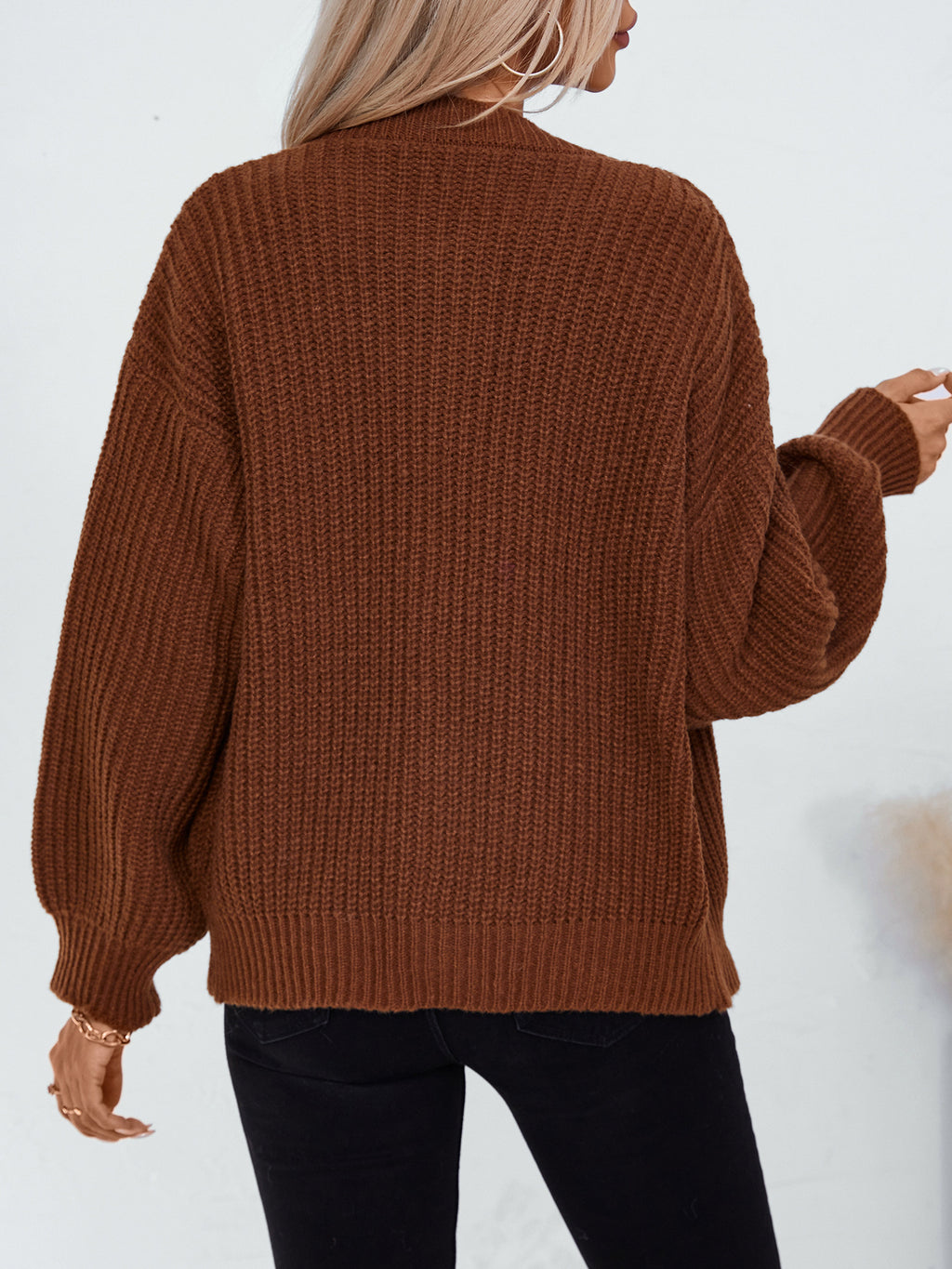 Ribbed Crewneck Button Front Cardigan - Caramel - 2