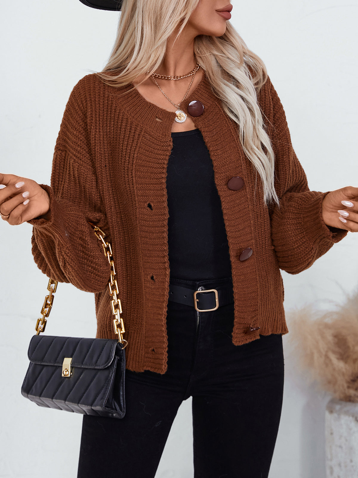 Ribbed Crewneck Button Front Cardigan - Caramel - 3