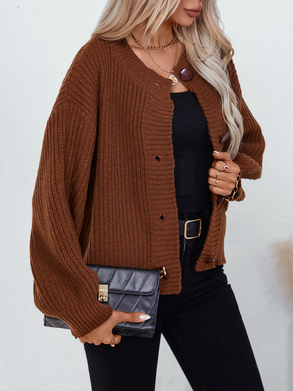 Ribbed Crewneck Button Front Cardigan - Caramel - 4