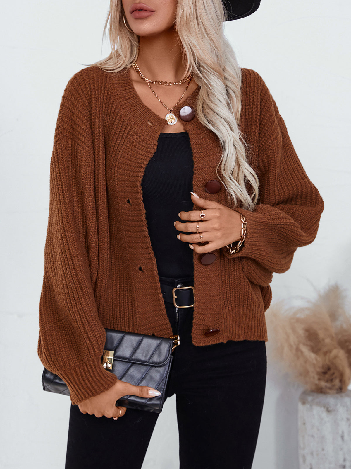 Ribbed Crewneck Button Front Cardigan - Caramel - 5
