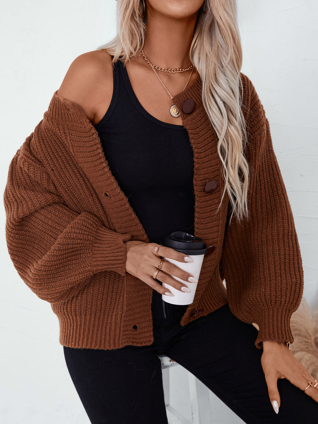 Ribbed Crewneck Button Front Cardigan - Caramel - 6