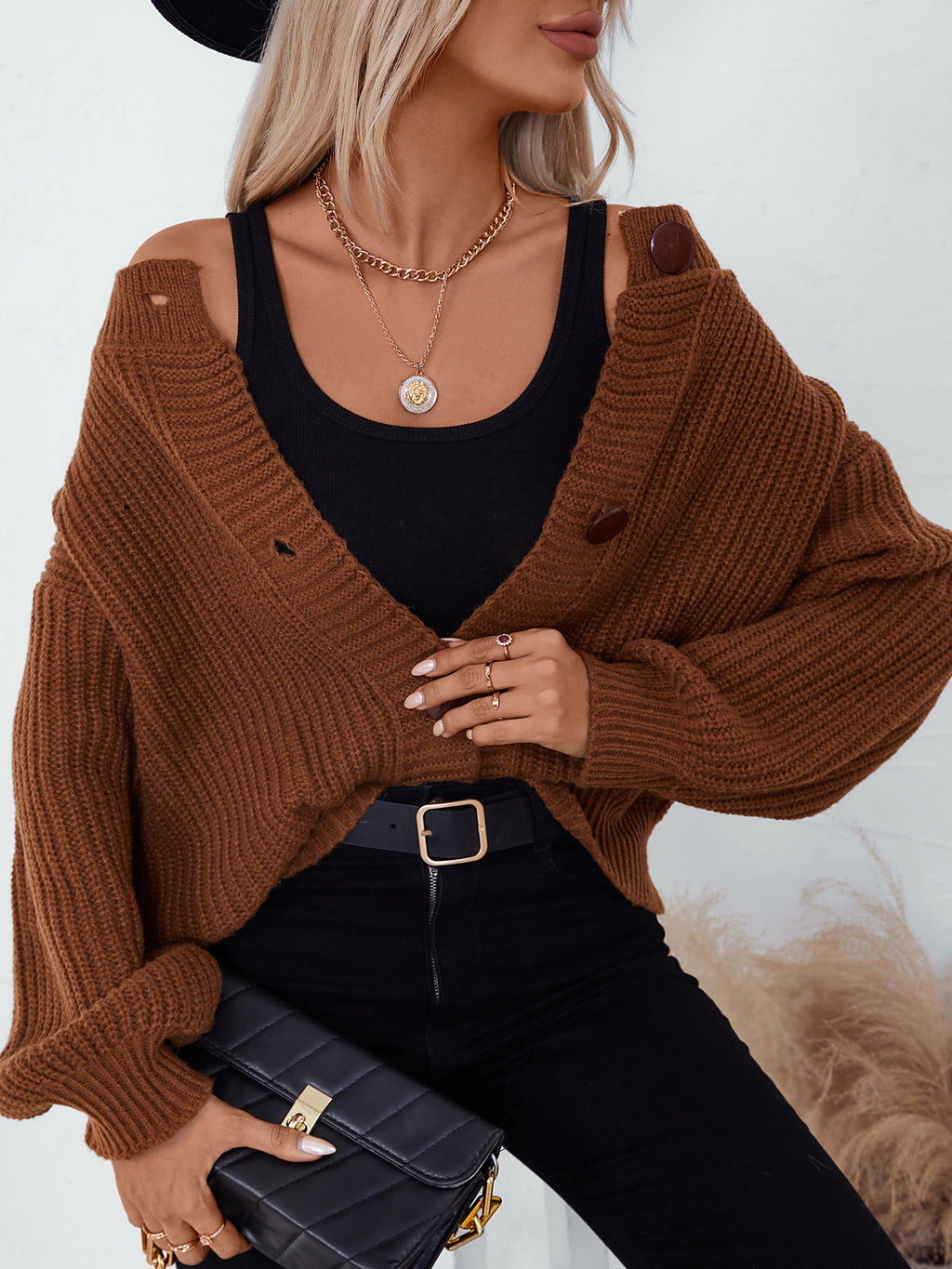 Ribbed Crewneck Button Front Cardigan - Caramel - 7