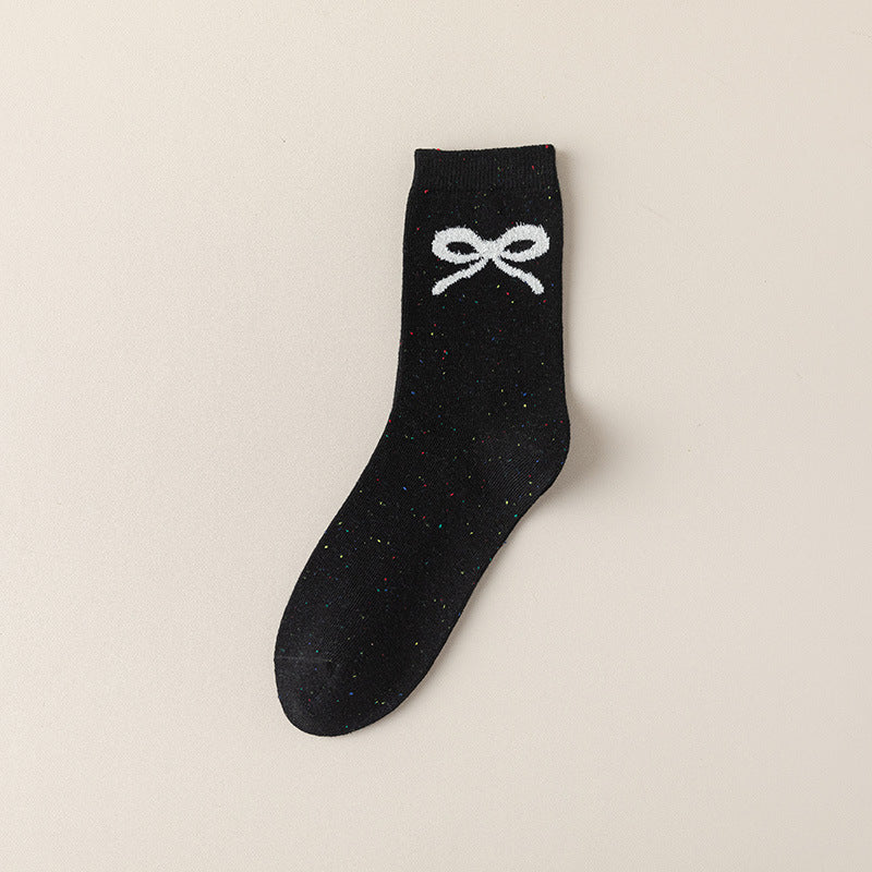 Coquette Bow Embroidered Ribbed Crew Socks - Black