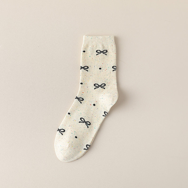 Coquette Bow Embroidered Ribbed Crew Socks - Dots