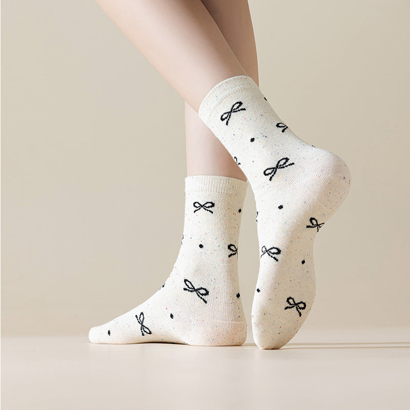 Coquette Bow Embroidered Ribbed Crew Socks - Dots - 1