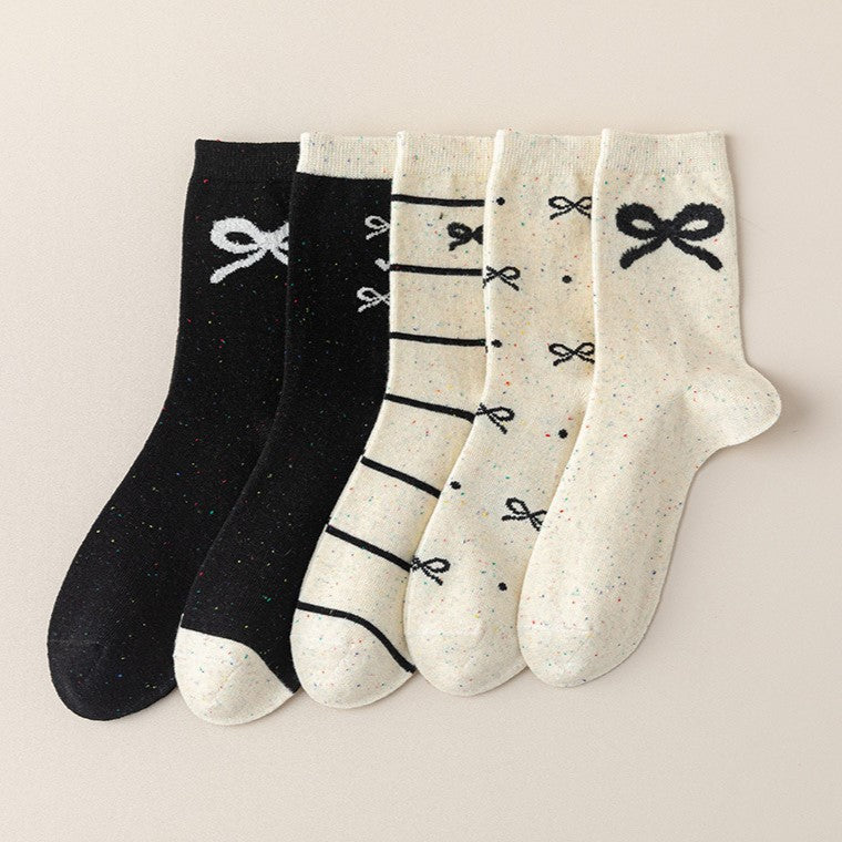 Coquette Bow Embroidered Ribbed Crew Socks - Heart