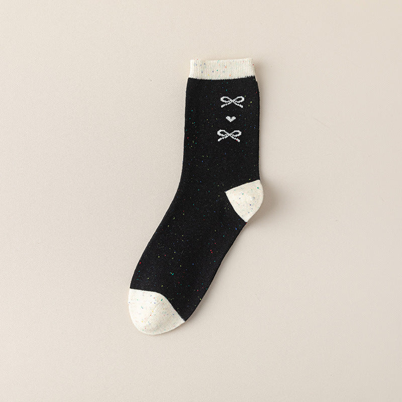 Coquette Bow Embroidered Ribbed Crew Socks - Heart - 1