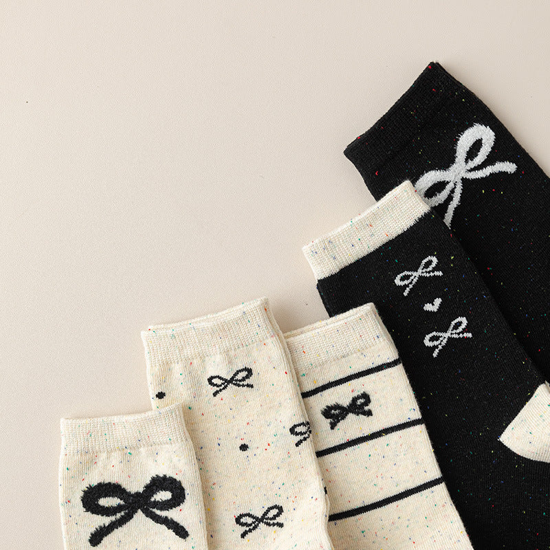 Coquette Bow Embroidered Ribbed Crew Socks - Heart - 2