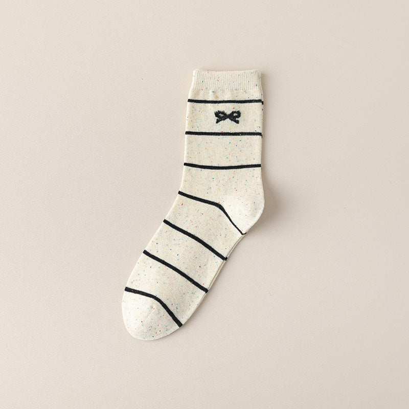 Coquette Bow Embroidered Ribbed Crew Socks - Stripes