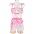 Scalloped Embroidered Mesh High Waist Garter Belt Set - Pink