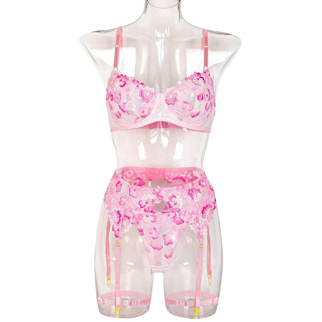 Scalloped Embroidered Mesh High Waist Garter Belt Set
