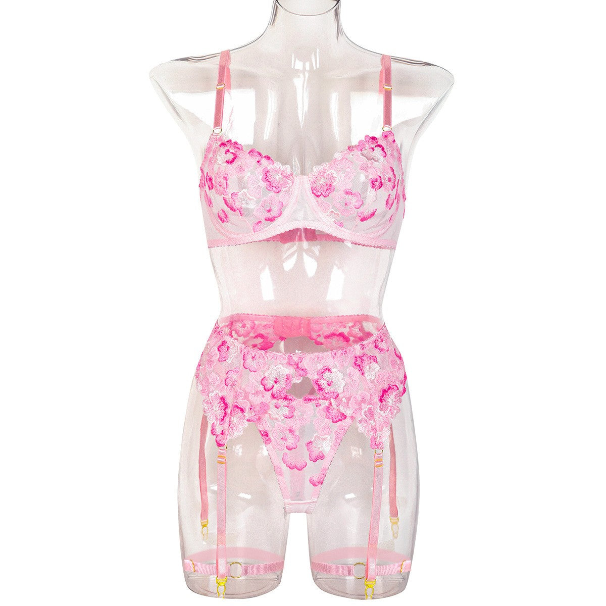 Scalloped Embroidered Mesh High Waist Garter Belt Set