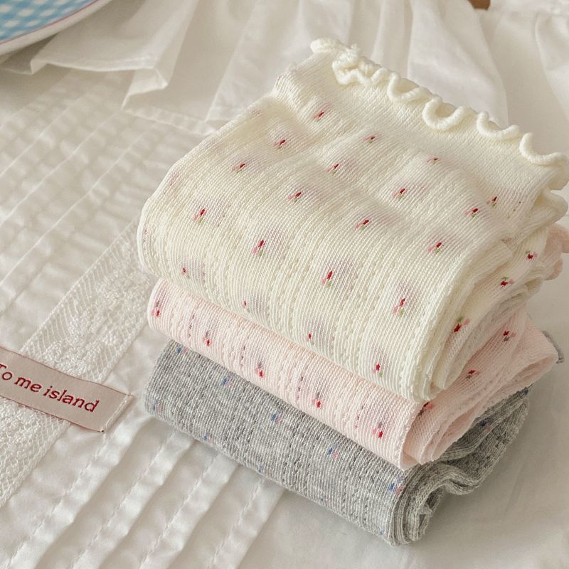 Ruffle Trim Floral Knit Crew Socks - Beige