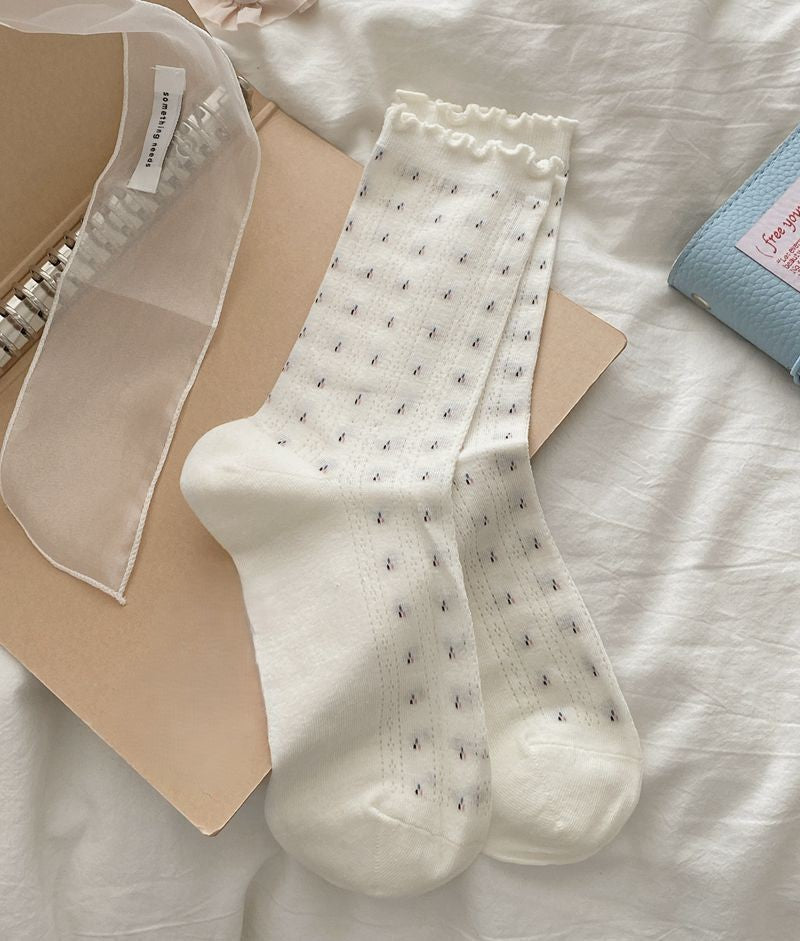 Ruffle Trim Floral Knit Crew Socks - Beige - 1