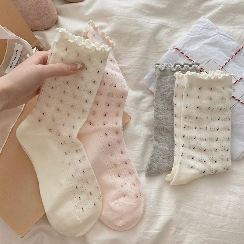 Ruffle Trim Floral Knit Crew Socks - Beige - 3