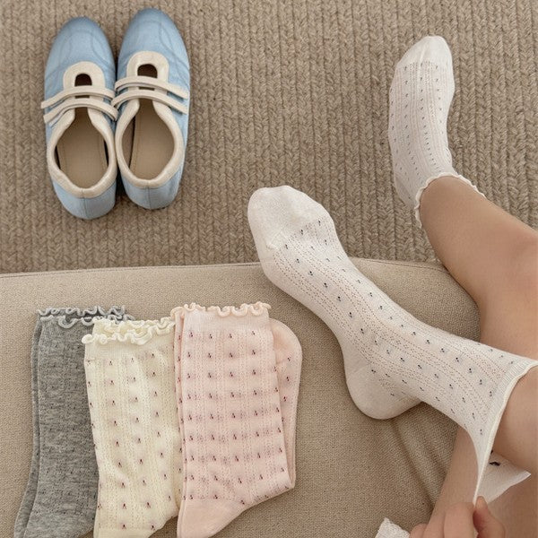 Ruffle Trim Floral Knit Crew Socks - Beige - 4