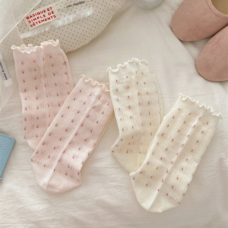 Ruffle Trim Floral Knit Crew Socks - Beige - 5