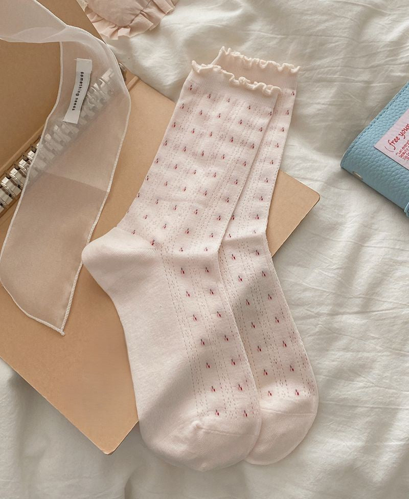 Ruffle Trim Floral Knit Crew Socks - Pink