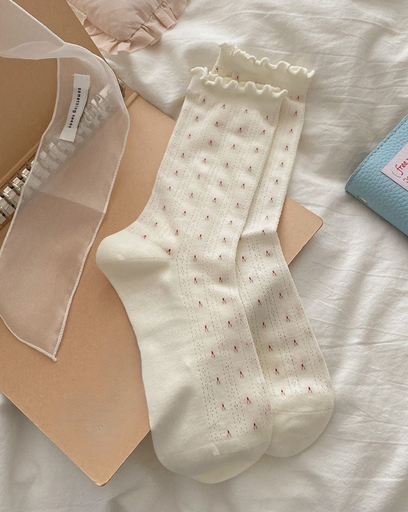 Ruffle Trim Floral Knit Crew Socks - Yellow