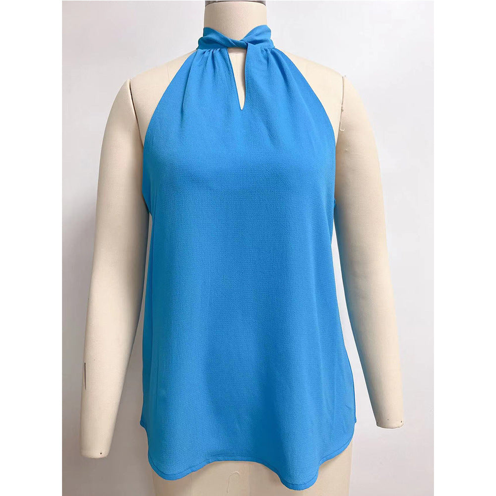 Keyhole Halter Neck Chiffon Blouse - Blue - 2