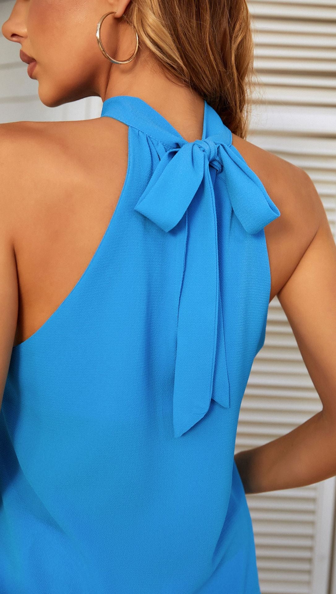 Keyhole Halter Neck Chiffon Blouse - Blue - 7
