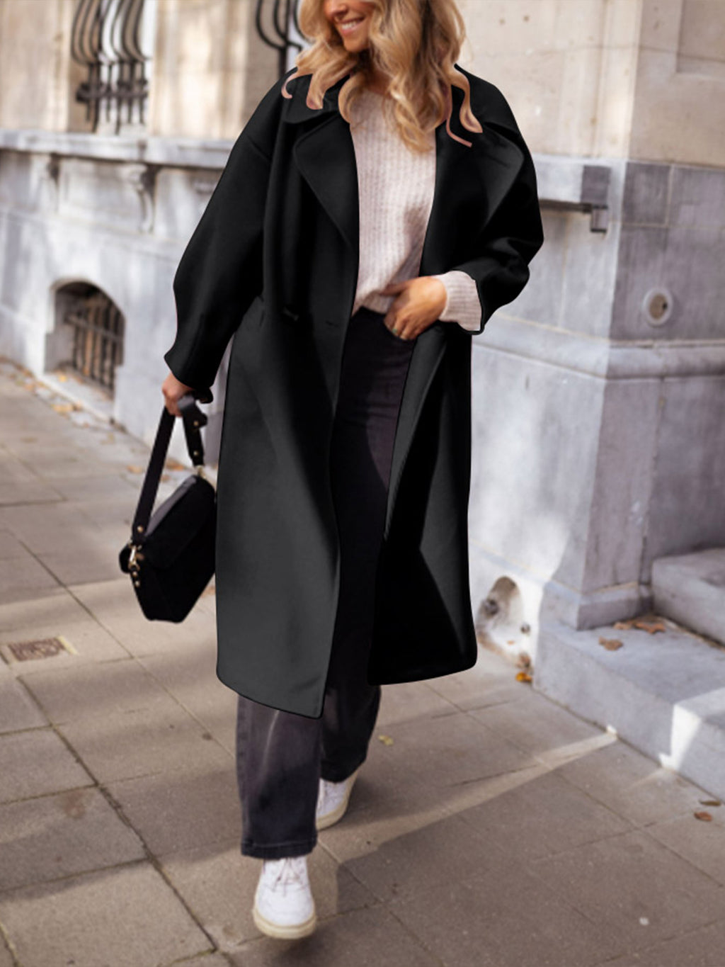 Longline Notch Lapel Wrap Coat - Black