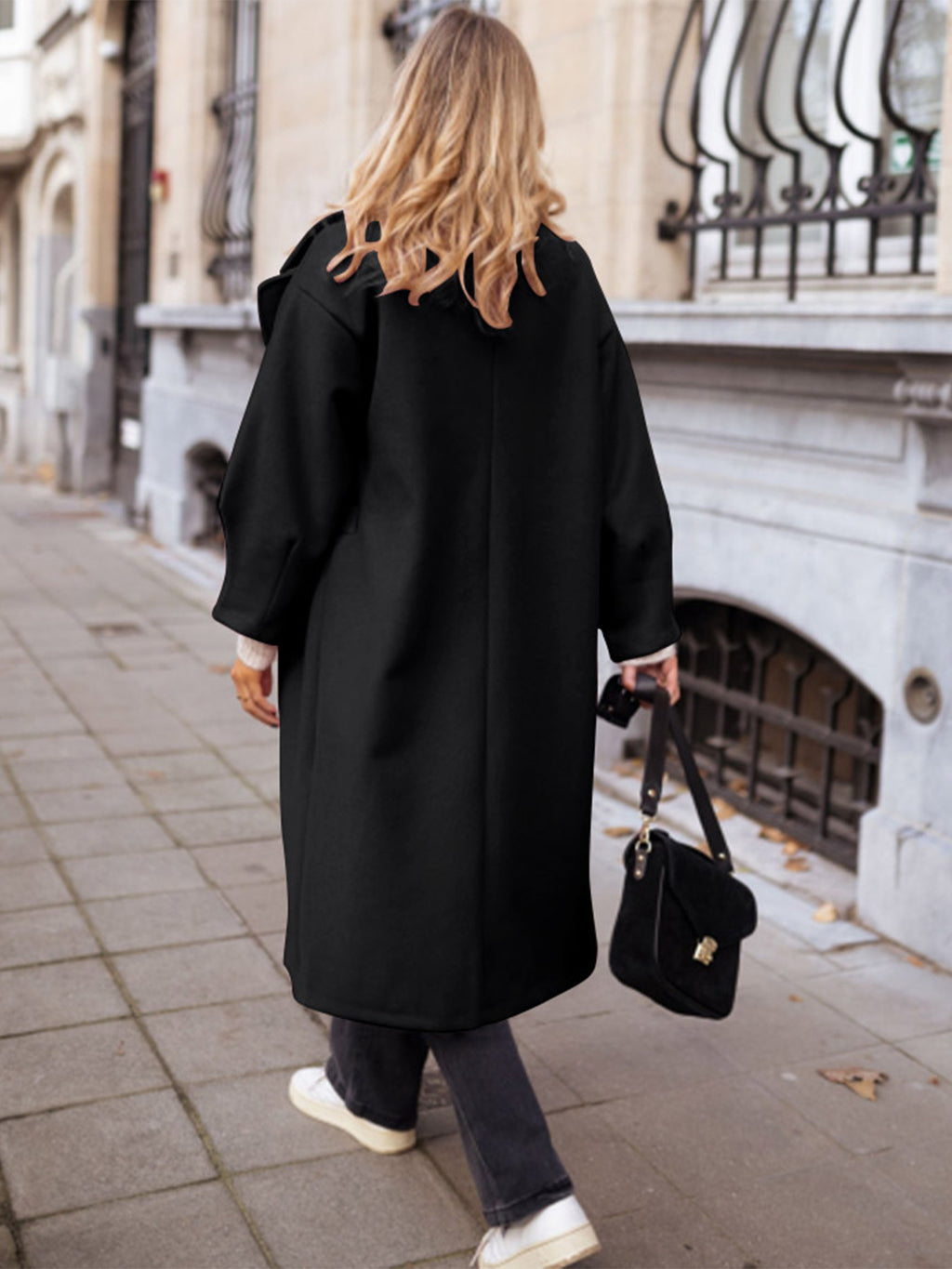 Longline Notch Lapel Wrap Coat - Black - 1