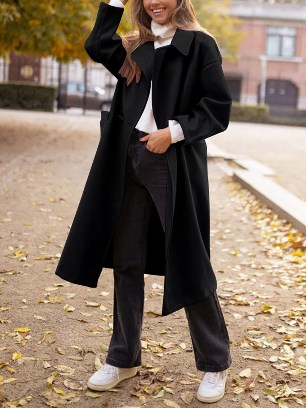 Longline Notch Lapel Wrap Coat - Black - 6