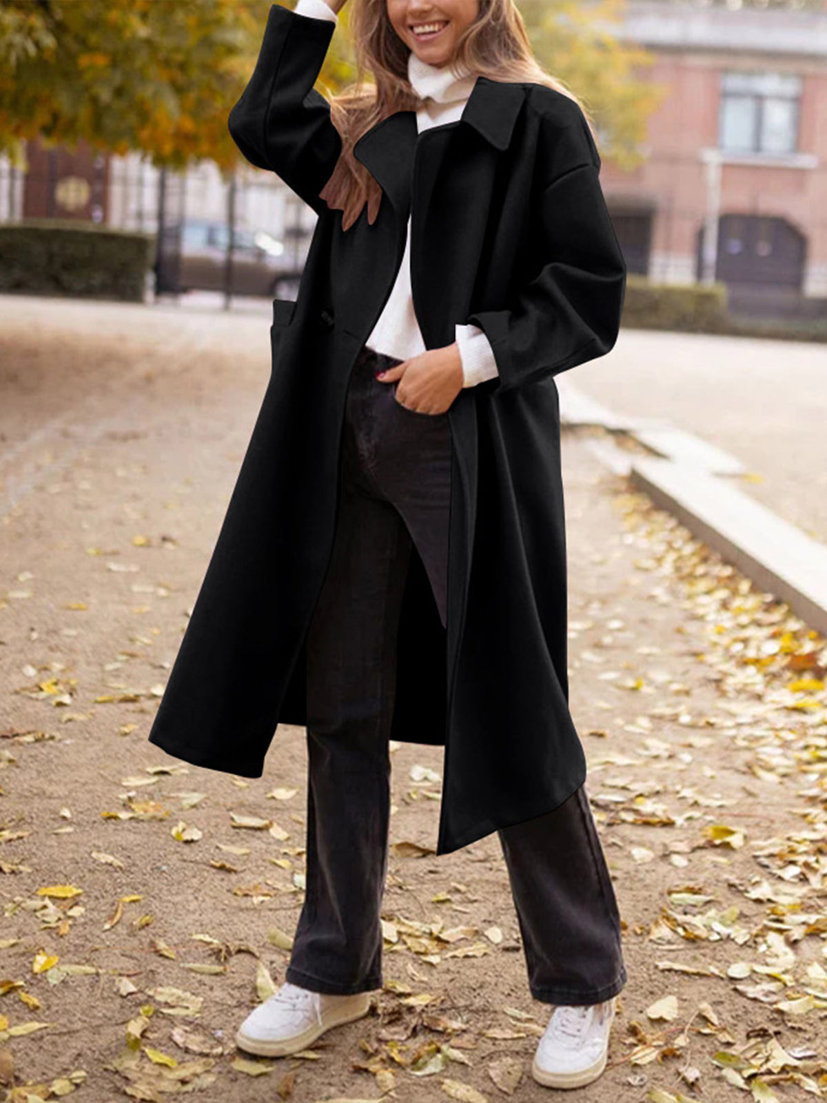 Longline Notch Lapel Wrap Coat - Black - 6
