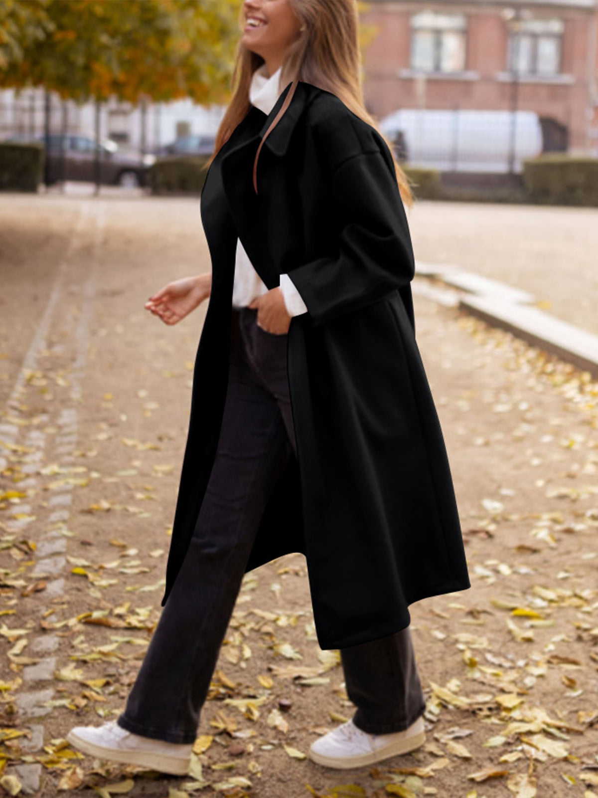 Longline Notch Lapel Wrap Coat - Black - 8