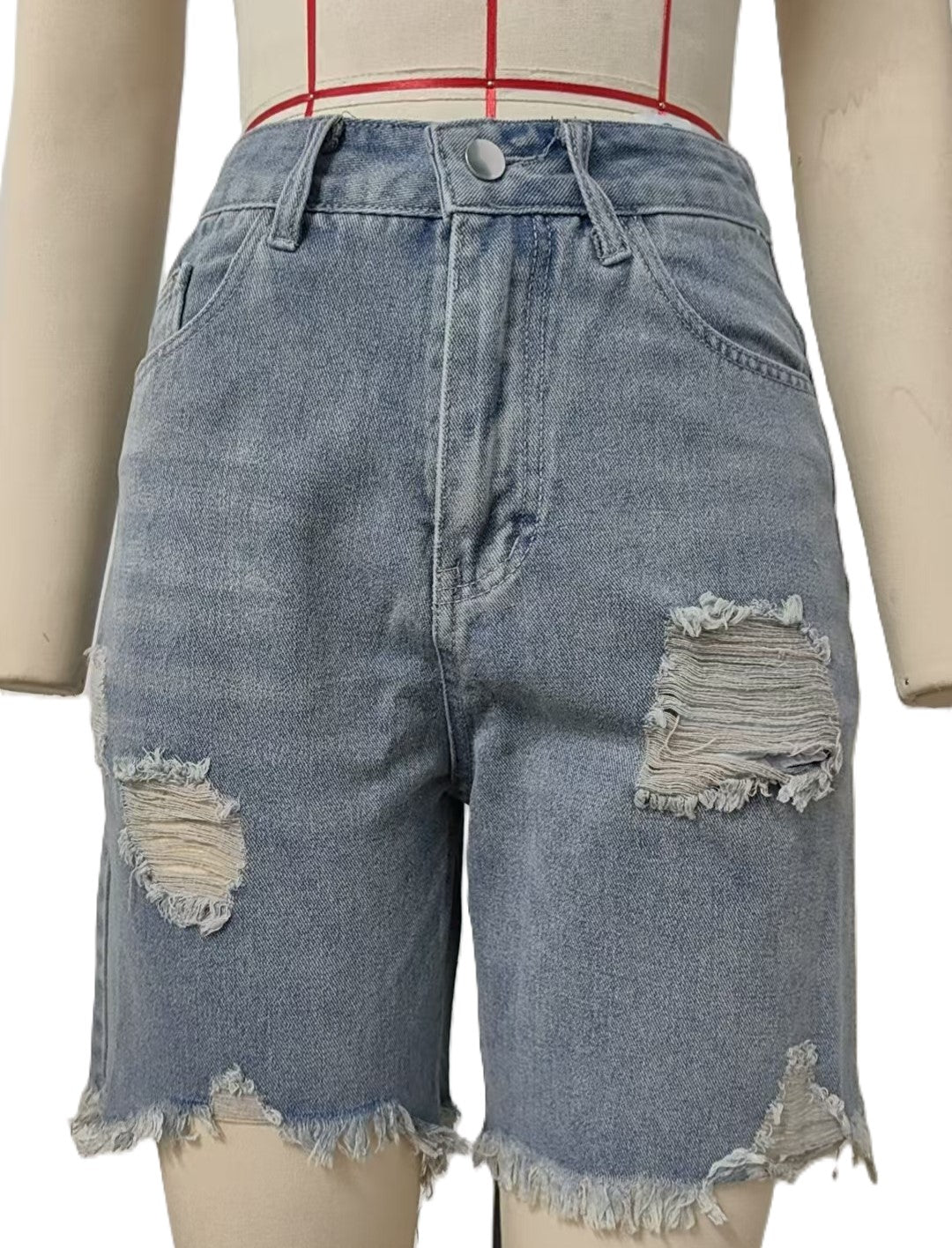 Distressed Raw Hem Denim Bermuda Shorts - Blue
