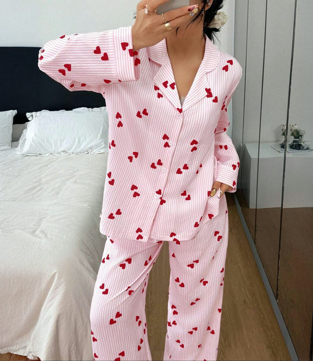 Heart Print Textured Long Sleeve Pajama Set - Pink