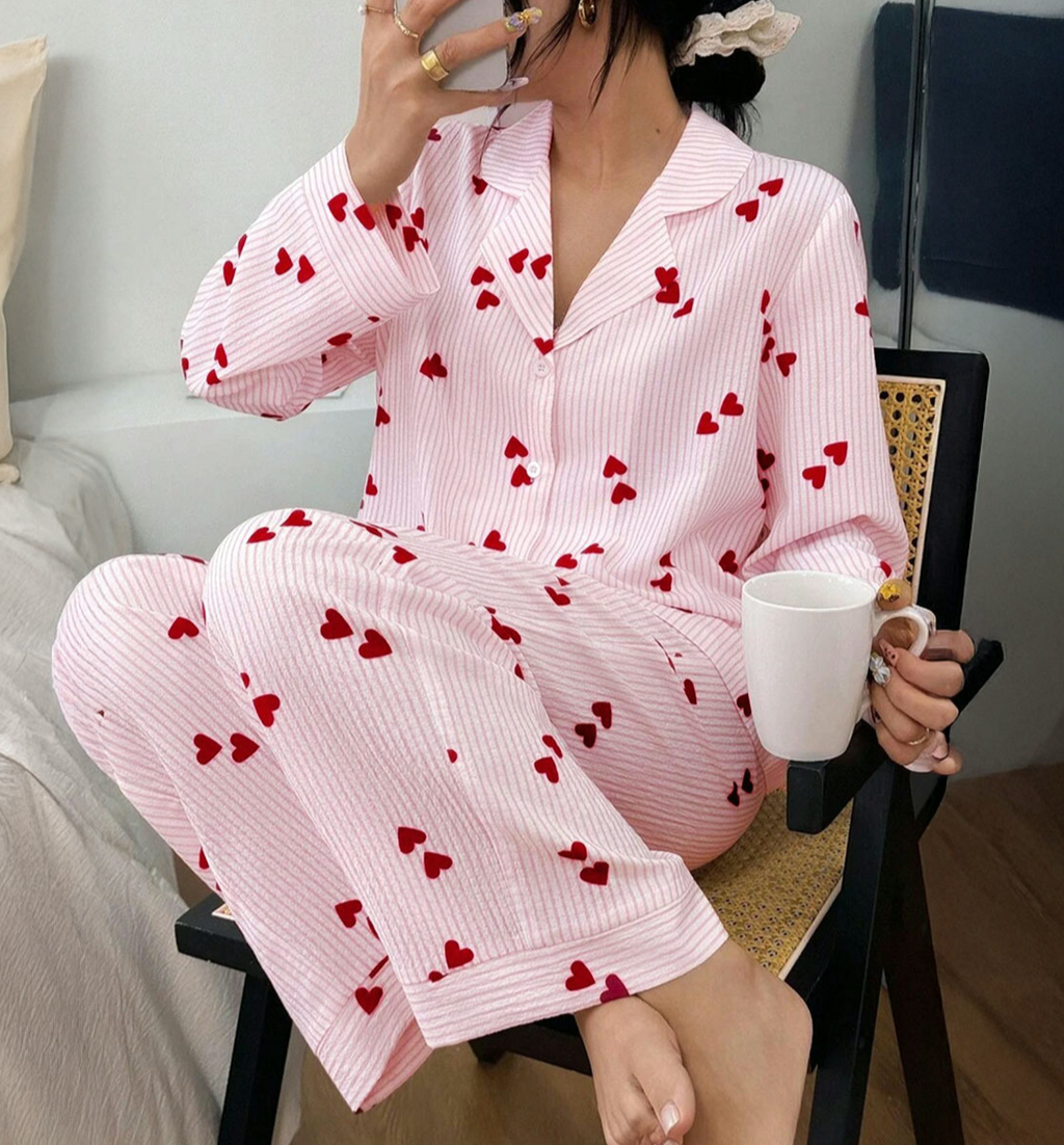 Heart Print Textured Long Sleeve Pajama Set - Pink - 1