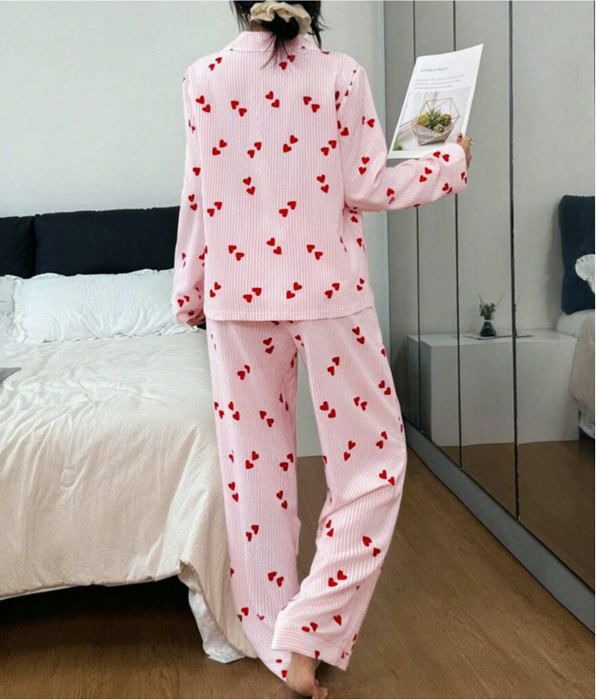 Heart Print Textured Long Sleeve Pajama Set - Pink - 2