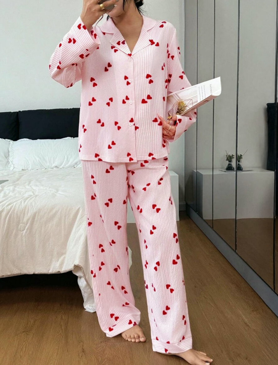 Heart Print Textured Long Sleeve Pajama Set - Pink - 3