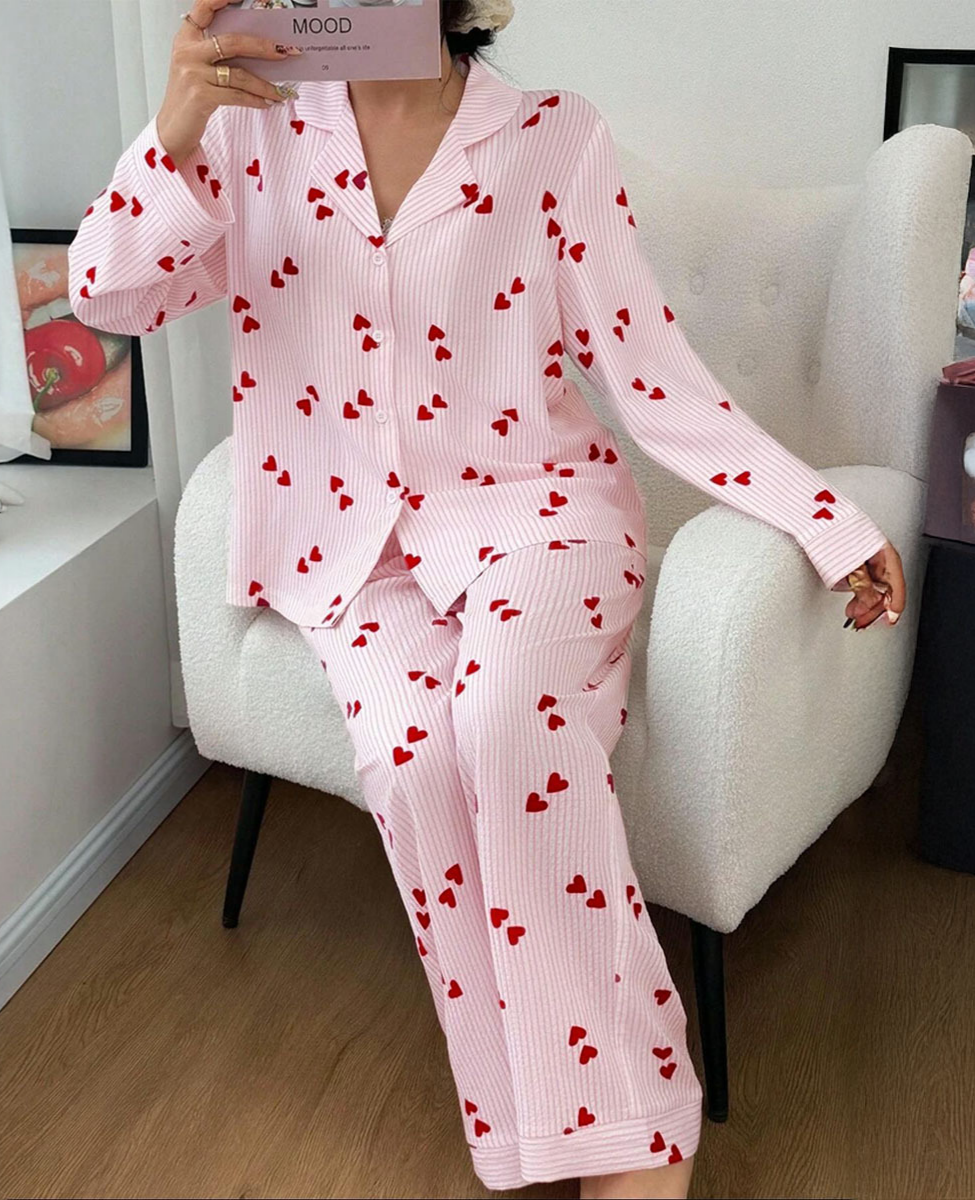 Heart Print Textured Long Sleeve Pajama Set - Pink - 5