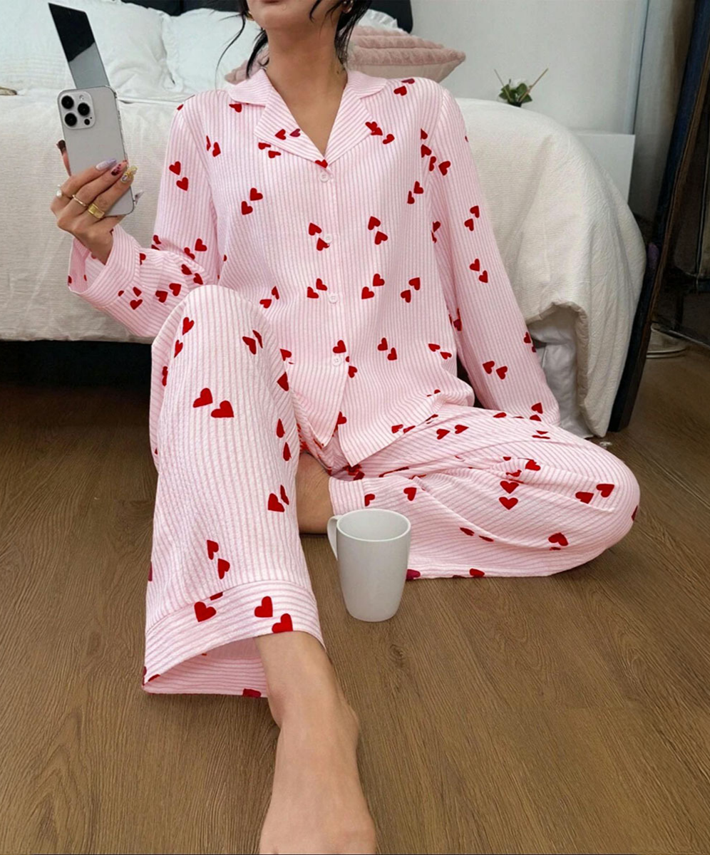 Heart Print Textured Long Sleeve Pajama Set - Pink - 6
