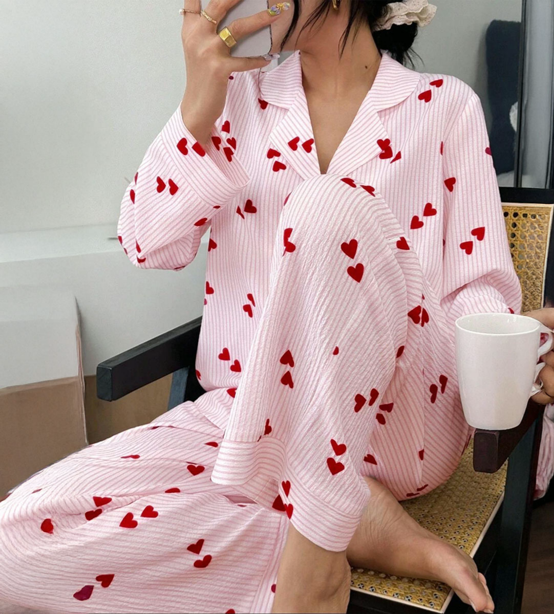 Heart Print Textured Long Sleeve Pajama Set - Pink - 7
