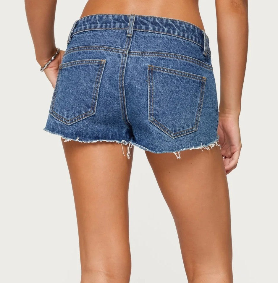 Distressed Cutoff Denim Shorts With Frayed Hem - DarkBlue - 2