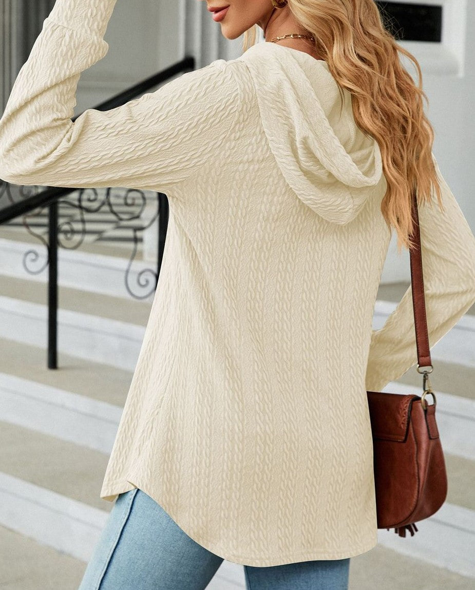 Waffle Knit Hooded Button Placket Tunic - Apricot - 3