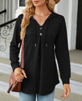Waffle Knit Hooded Button Placket Tunic - Black
