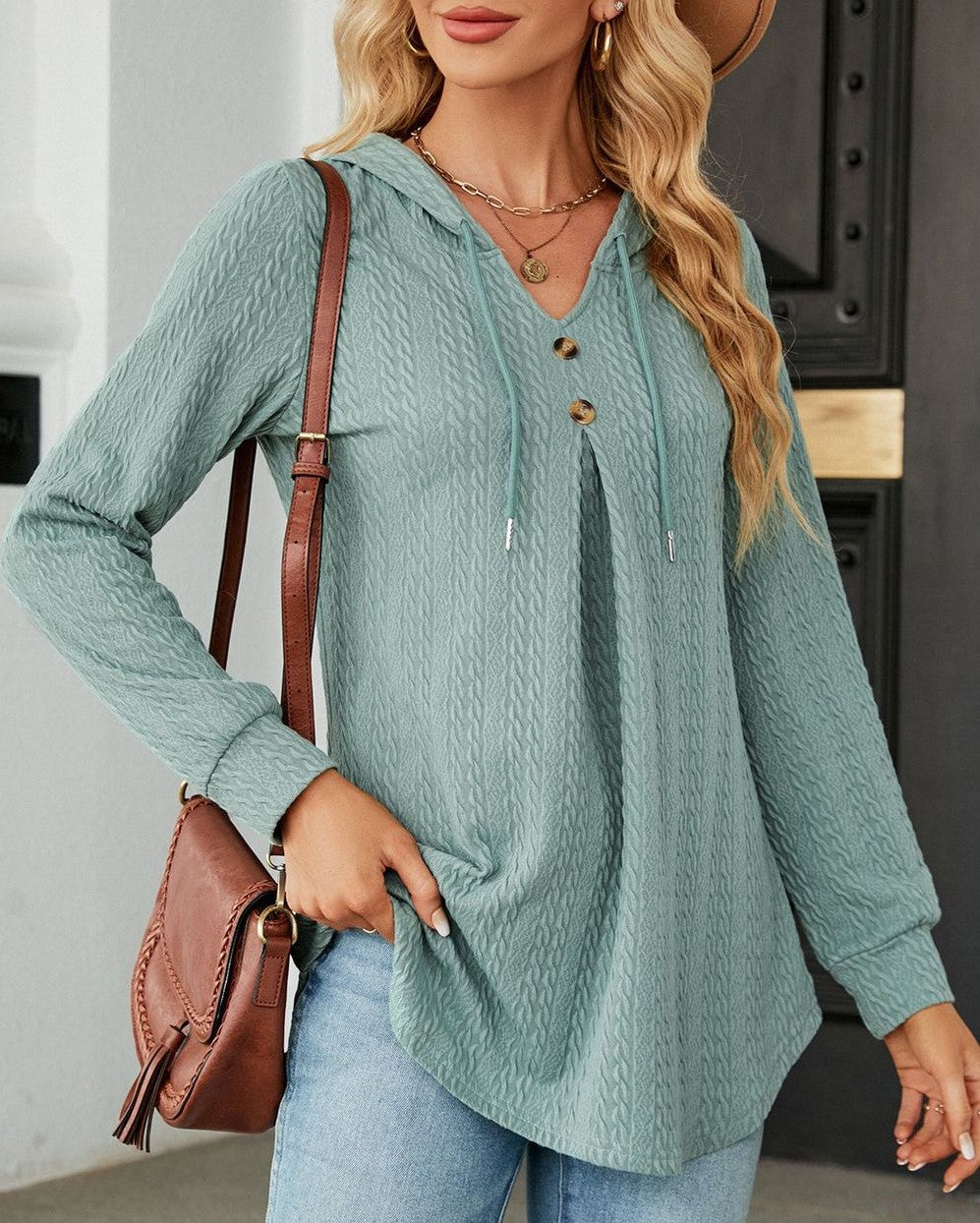 Waffle Knit Hooded Button Placket Tunic - Green - 2