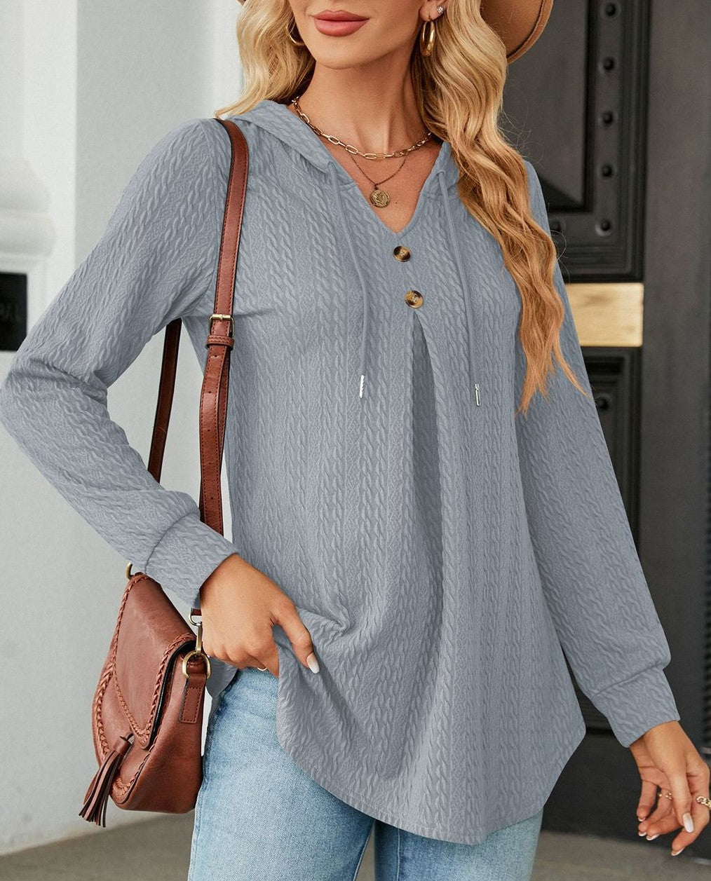 Waffle Knit Hooded Button Placket Tunic - Grey - 2