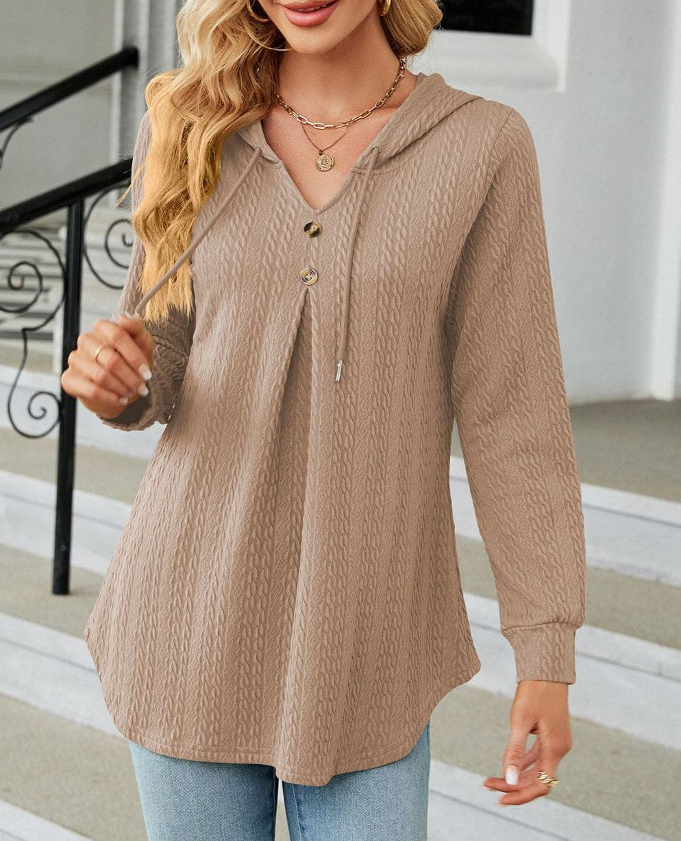 Waffle Knit Hooded Button Placket Tunic - Khaki - 2