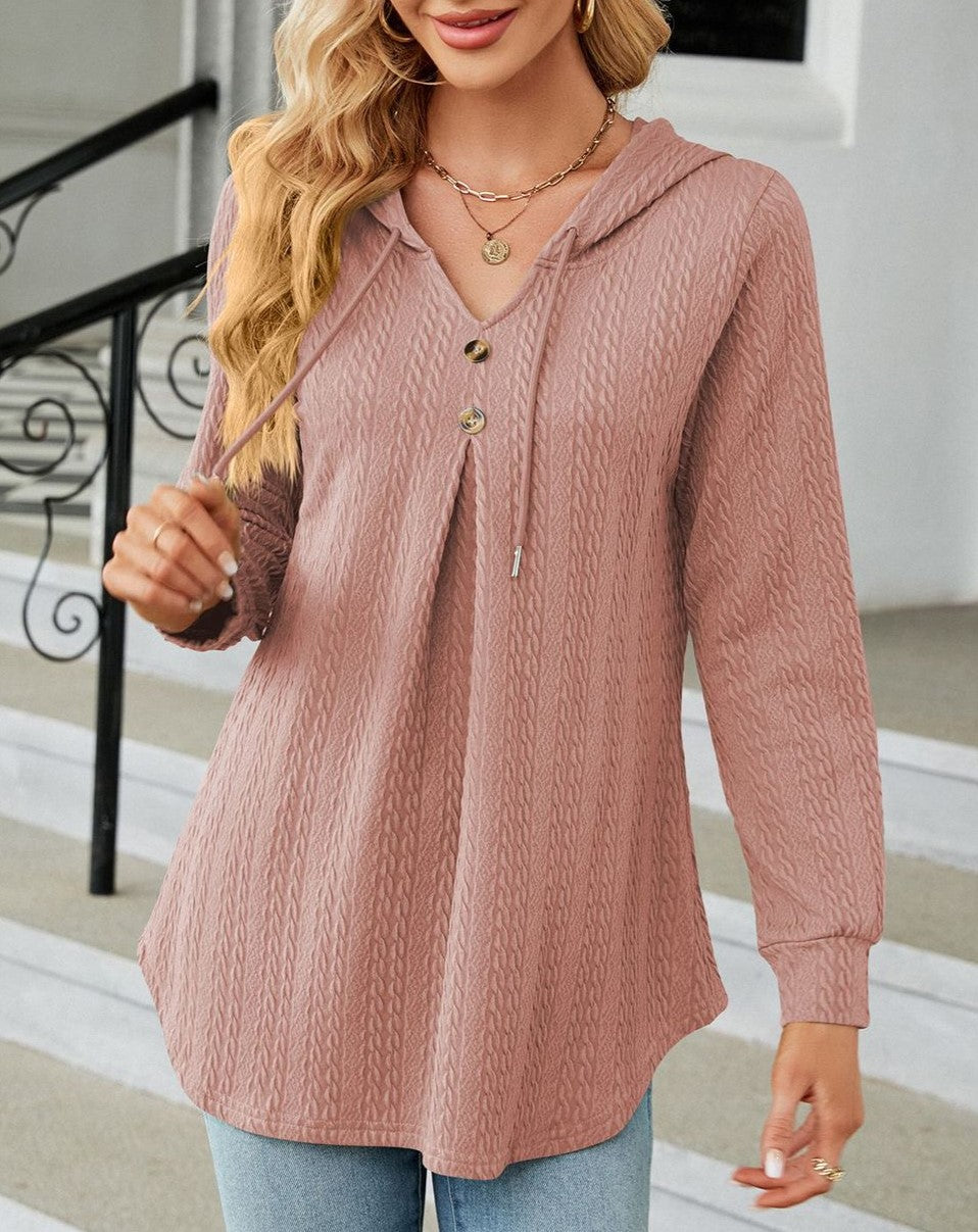 Waffle Knit Hooded Button Placket Tunic - Lotus Pink - 2