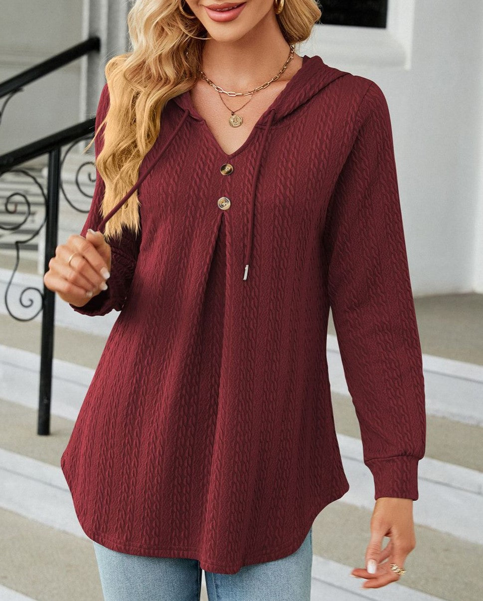 Waffle Knit Hooded Button Placket Tunic - Wine Red